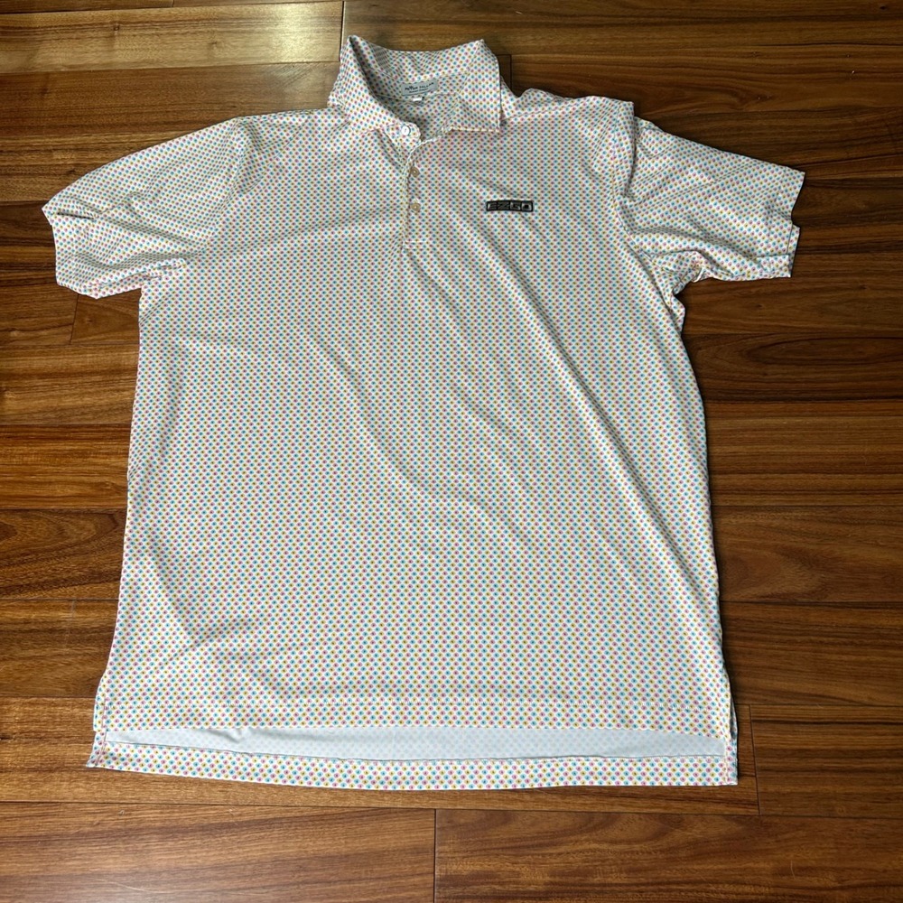 Peter Millar Summer Comfort Mens XL golf Polo Shirt EZGO‎ Logo Pink Blue Dot aop